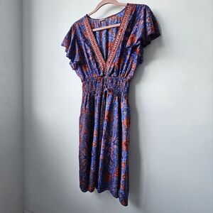 Art Silk Made In India Purple & Red Jeweled Smoked Boho Flutter Sleeve Dress